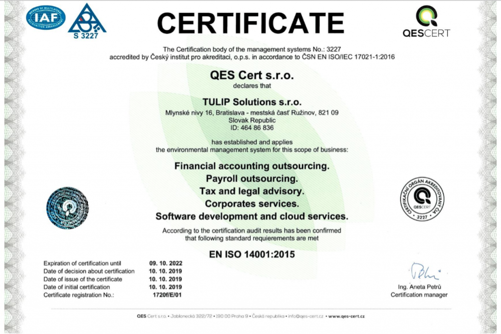 TULIP ISO certifikacia enviromentalny manazment system